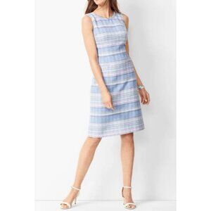 Talbots Dress Blue Brown White Pink 14P 14 P Textured Cotton Sheath Sleeveless